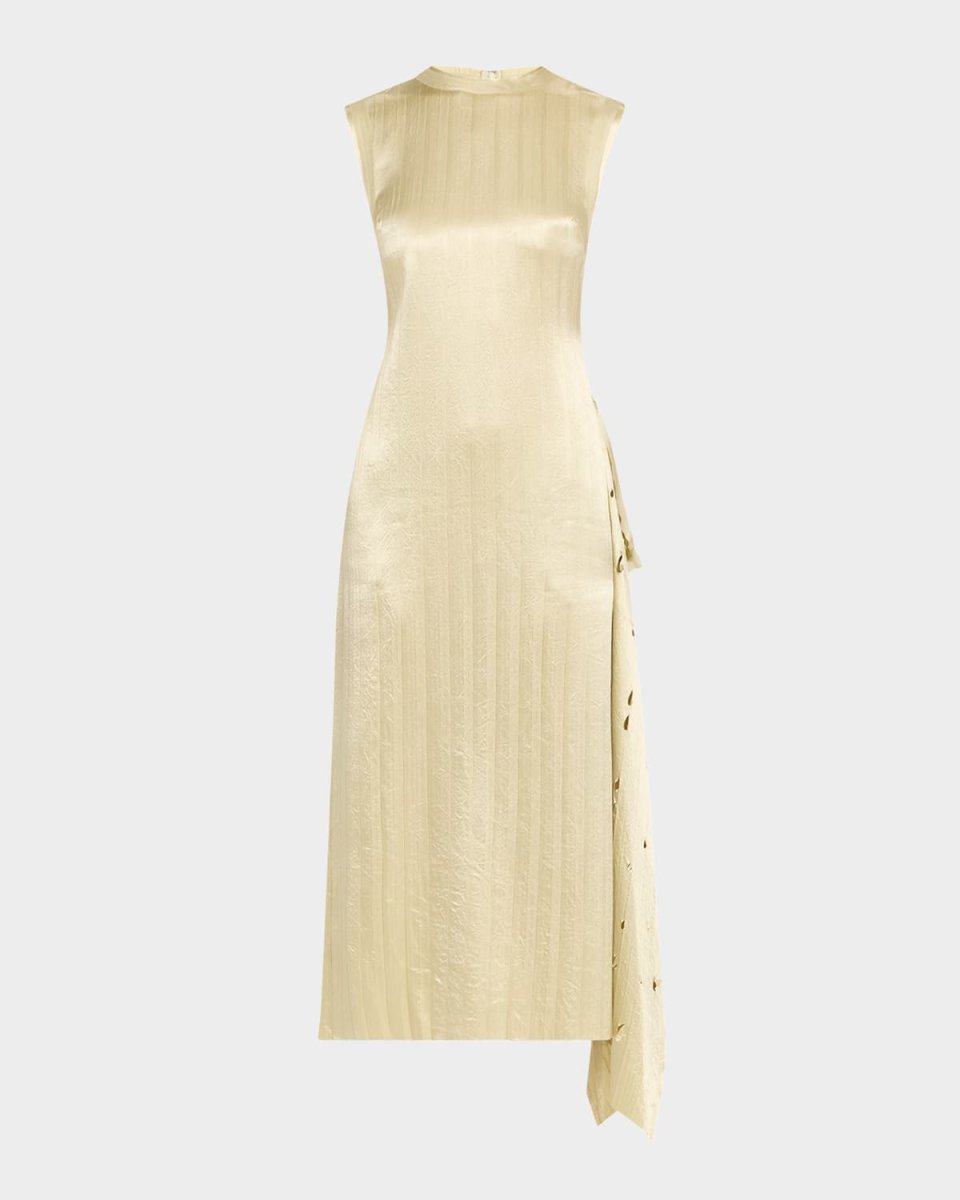 Crinkled Satin Laser-Cut Draped Shift Dress